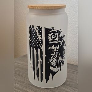 Frosted Glass Jar with Black Firefighter Design